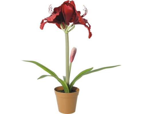 Amaryllis artificială în ghiveci cu floare roșie și frunze verzi.