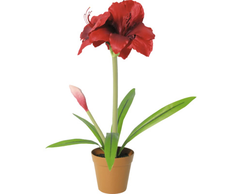 Amaryllis artificială în ghiveci cu floare roșie, boboc și frunze verzi.