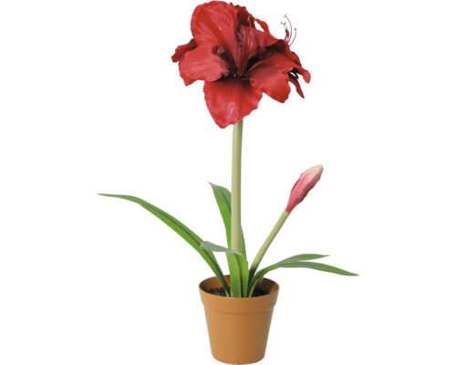 Amaryllis artificial cu o floare roșie și un boboc într-un ghiveci.