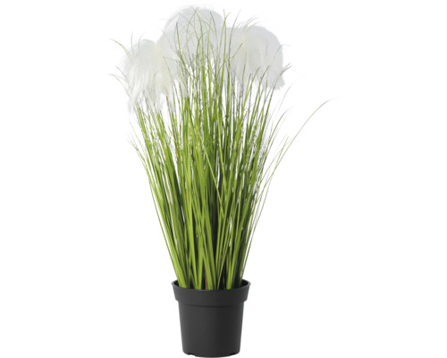 Iarbă ornamentală artificială cu spice albe în ghiveci negru din plastic.