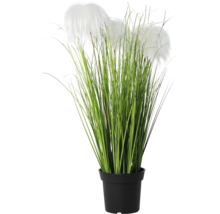 Iarbă decorativă artificială cu pămătufuri albe în ghiveci negru.