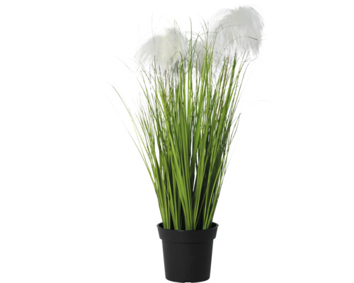 Iarbă de pampas artificială cu spice albe într-un ghiveci de plastic negru.