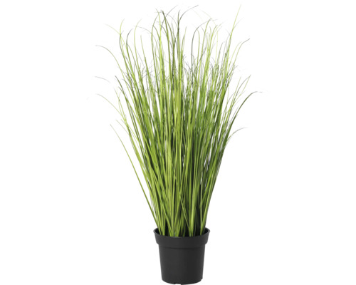 Iarbă artificială într-un ghiveci de plastic negru.