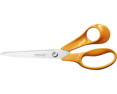 Foarfecă universală Fiskars cu mânere portocalii și lame din oțel inoxidabil.