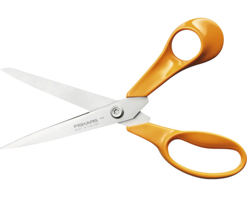 Foarfecă universală Fiskars cu lame din oțel inoxidabil și mânere ergonomice din plastic.