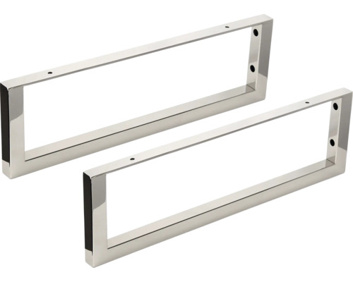 Două picioare de masă dreptunghiulare din metal, suprafață lustruită, cu găuri pre-perforate pentru montaj.