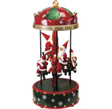 Carusel de Crăciun cu figurine Moș Crăciun pe reni, iluminat cu LED și decor cu fulgi de zăpadă.