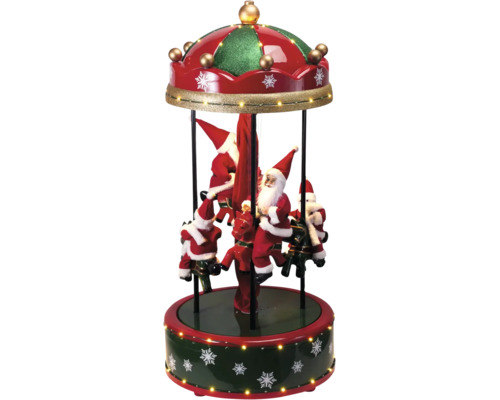 Carusel de Crăciun cu figurine Moș Crăciun pe reni, iluminat cu LED și decor cu fulgi de zăpadă.