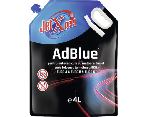 Soluție de uree JetXpert AdBlue pentru motoare diesel cu tehnologie SCR Euro 4 Euro 5 și Euro 6, pungă de 4 litri cu cioc de turnare.