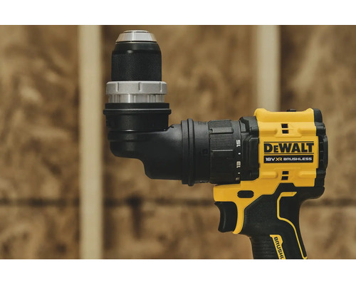 Mașină de găurit și înșurubat cu acumulator DeWALT 18 Volt XR cu accesoriu unghiular.