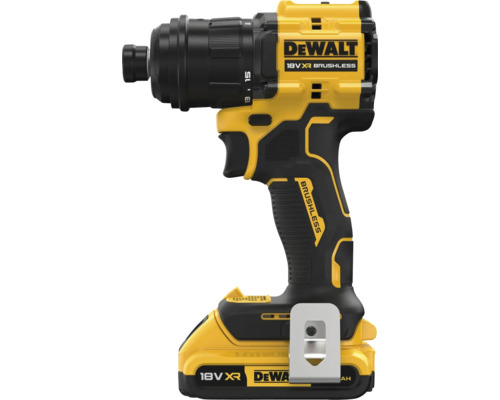 Mașină de găurit și înșurubat cu acumulator DeWalt 18 Volt XR cu motor fără perii și clemă pentru curea.