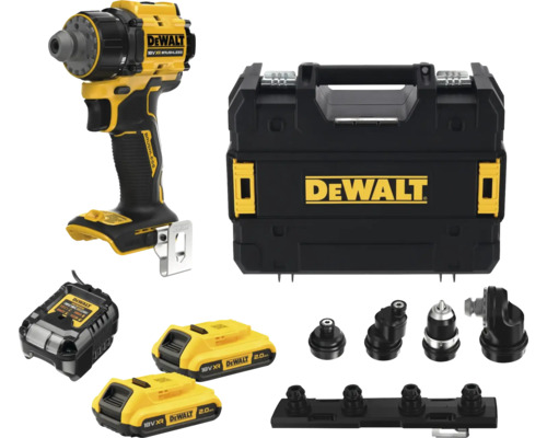 Set mașină de găurit și înșurubat DeWalt 18 Volt XR cu doi acumulatori de 2,0 amperi oră, încărcător, patru capete și cutie de transport.