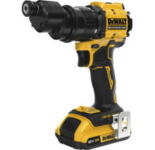 Mașină de găurit și înșurubat cu acumulator DeWalt 18 Volt XR fără perii, cu accesoriu excentric și clemă pentru curea.