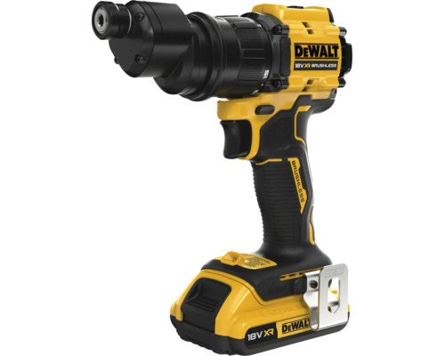 Mașină de găurit și înșurubat cu acumulator DeWalt 18 Volt XR fără perii, cu accesoriu excentric și clemă pentru curea.