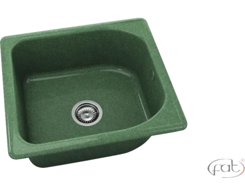 Chiuvetă încorporată verde din material compozit cu o cuvă și ventil cu sită.