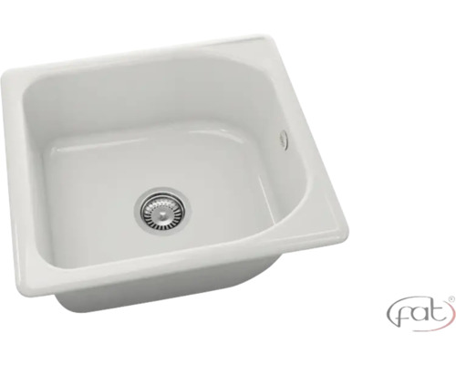 Chiuvetă de bucătărie albă cu o singură cuvă din ceramică cu design pătrat și Fat Logo.