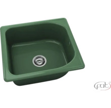 Chiuvetă de bucătărie pătrată verde din compozit cu o cuvă, preaplin și ventil cu sită.