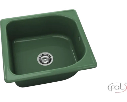 Chiuvetă de bucătărie pătrată verde din compozit cu o cuvă, preaplin și ventil cu sită.