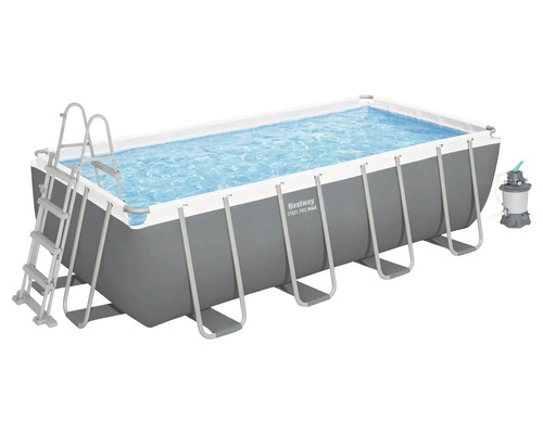 Piscină supraterană dreptunghiulară Bestway Steel Pro Max cu cadru din oțel, scară și pompă de filtrare.