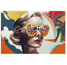 Tablou modern în stil grafic cu portretul unei femei cu ochelari de soare pe un fundal abstract cu frunze de palmier.