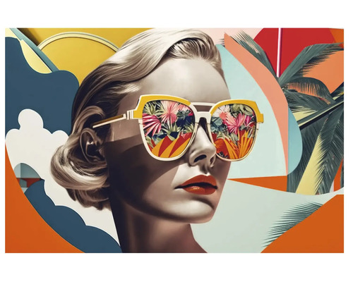 Tablou modern în stil grafic cu portretul unei femei cu ochelari de soare pe un fundal abstract cu frunze de palmier.