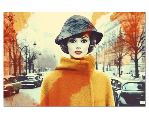 Tablou în stil retro: ilustrație a unei femei cu pălărie și palton în fața unui decor urban cu mașini clasice.