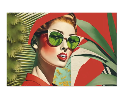 Decorațiune de perete pop art cu o femeie cu ochelari de soare și frunze tropicale.