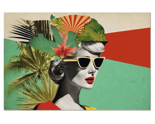 Tablou din sticlă cu portret vintage al unei femei cu ochelari de soare și decor tropical din frunze și flori.