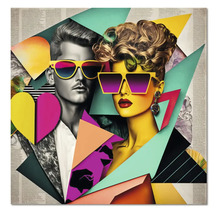 Tablou pătrat în stil pop-art cu portrete de bărbat și femeie cu ochelari de soare și forme geometrice colorate.
