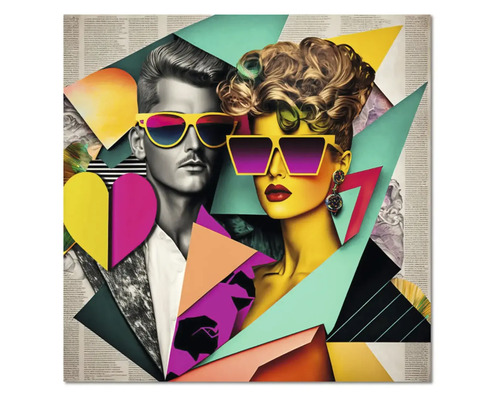 Tablou pătrat în stil pop-art cu portrete de bărbat și femeie cu ochelari de soare și forme geometrice colorate.