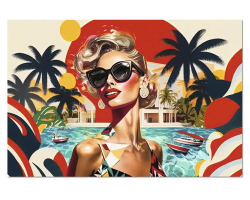 Tablou decorativ stilizat reprezentând o femeie cu ochelari de soare într-un cadru tropical cu palmieri, bărci și forme abstracte.