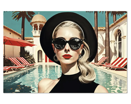 Tablou: Ilustrație cu o femeie cu pălărie și ochelari de soare lângă o piscină cu șezlonguri, palmieri și arhitectură mediteraneană.