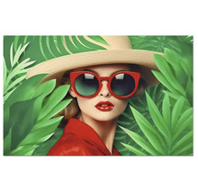 Tablou mural cu o femeie cu pălărie de paie și ochelari de soare roșii între frunze tropicale.