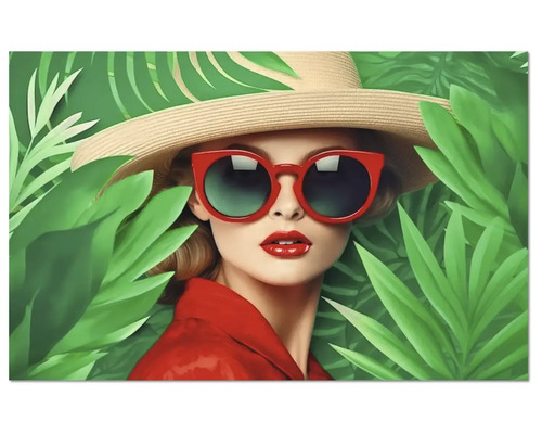 Tablou mural cu o femeie cu pălărie de paie și ochelari de soare roșii între frunze tropicale.
