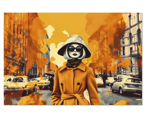 Tablou artistic de perete care înfățișează o femeie în trenci galben și ochelari de soare pe o stradă aglomerată din oraș.