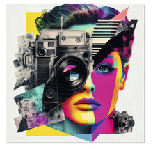 Tablou în stil pop-art sub formă de colaj cu un portret de femeie, aparate foto vintage și elemente grafice.