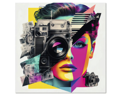 Tablou în stil pop-art sub formă de colaj cu un portret de femeie, aparate foto vintage și elemente grafice.