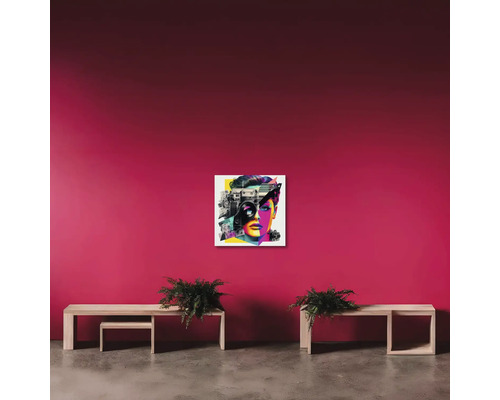 Sufragerie modernă cu un tablou pop-art cu chip și aparate foto, deasupra a două bănci de lemn cu plante verzi.