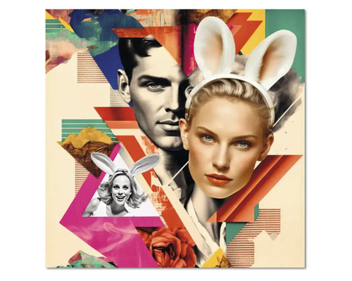 Tablou tip colaj cu o femeie cu urechi de iepuraș, portret de bărbat, forme geometrice și un trandafir în stil pop art.