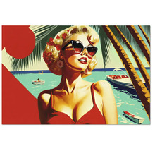 Tablou retro cu o femeie în costum de baie pe o plajă tropicală cu palmieri și bărci, stil pop art.