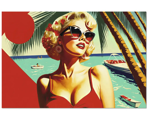 Tablou retro cu o femeie în costum de baie pe o plajă tropicală cu palmieri și bărci, stil pop art.