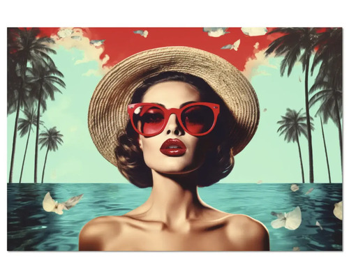 Tablou decorativ cu o femeie cu pălărie de paie și ochelari de soare într-un cadru tropical cu palmieri.