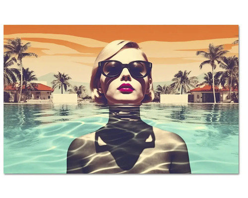 Tablou cu o femeie cu ochelari de soare într-o piscină cu palmieri în stil retro.