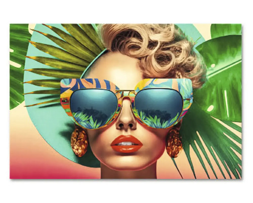 Tablou decorativ modern cu portretul unei femei cu ochelari de soare și frunze de palmier tropicale.