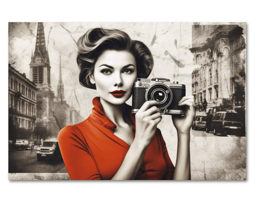 Tablou pe pânză reprezentând o femeie cu o cameră foto vintage pe un fundal urban monocrom, cu bluză roșie și buze roșii.