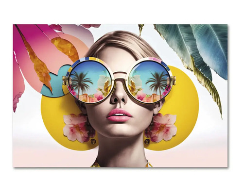 Tablou din sticlă modern cu portretul unei femei cu ochelari de soare mari, reflexii tropicale și motive florale.