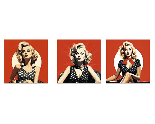 Set de trei tablouri de perete în stil pop-art cu femei pin-up în rochii cu buline.