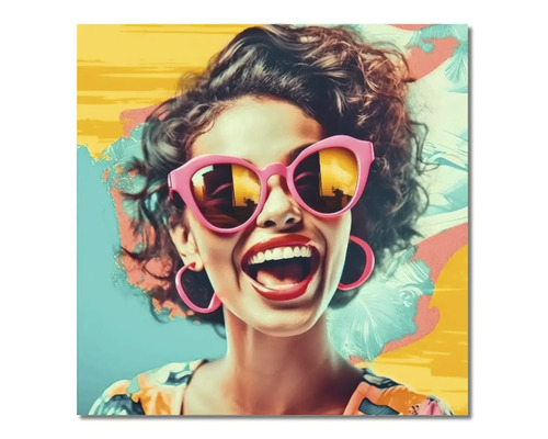 Tablou decorativ colorat cu o femeie zâmbitoare cu ochelari de soare și păr creț pe un fundal abstract.