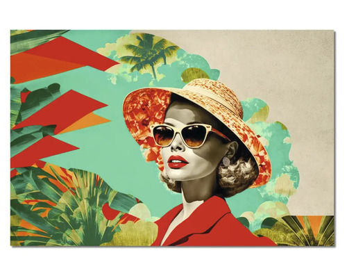Tablou cu o femeie cu pălărie de paie și ochelari de soare pe un fundal tropical cu palmieri și frunze în stil retro.