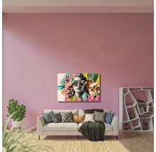 Living modern cu tablou reprezentând o femeie cu ochelari de soare deasupra unei canapele, plantă de interior și raft geometric.